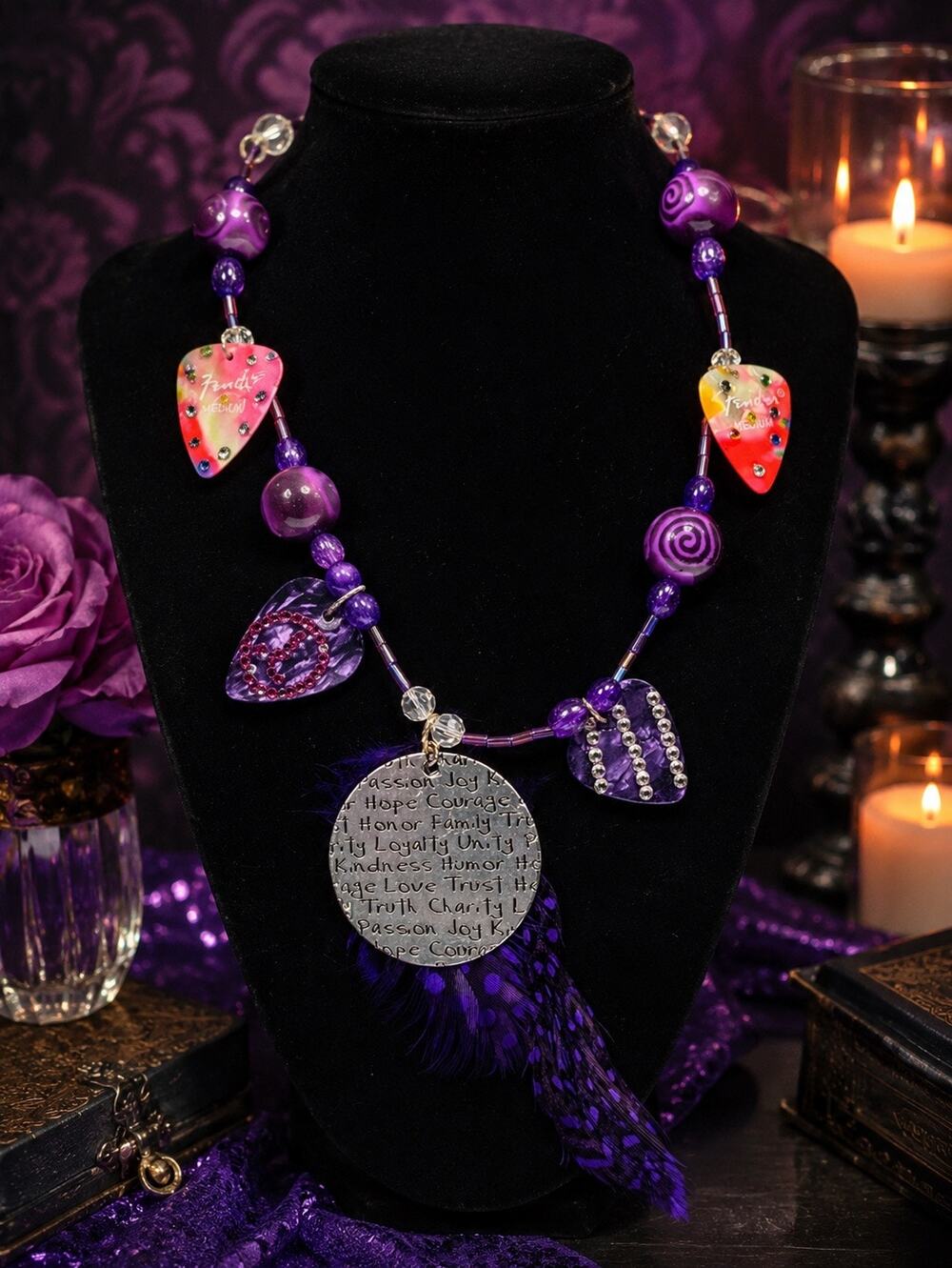 Bold Handmade Boho Statement Necklace Inspirational Pendant Guitar Pick Feather